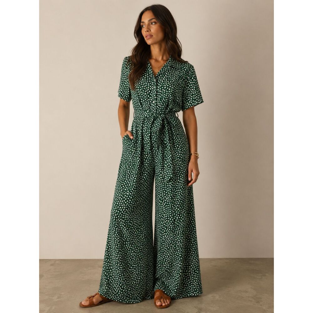 Emerald Green Spot Print Wide Leg Jumpsuit Short Sleeve Belted Sz L